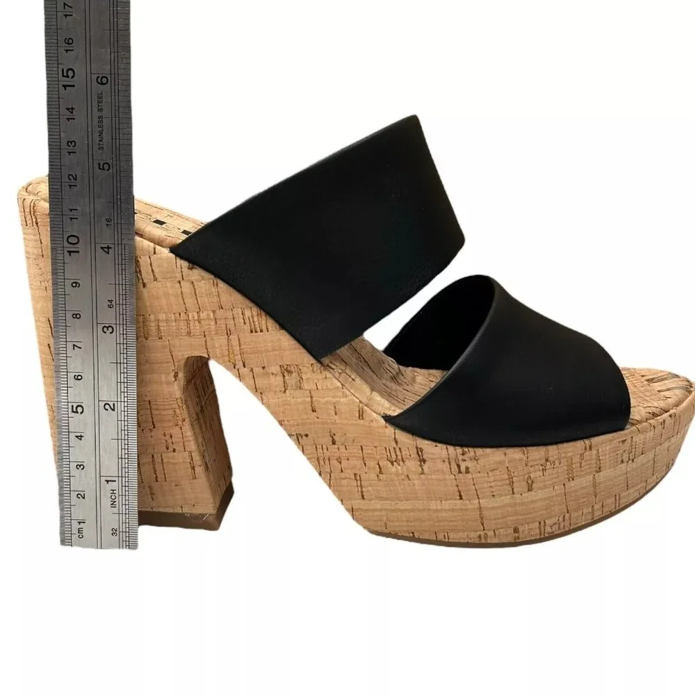 Korks Dezi Womens Cork Platform Sandal Size 9 Black/Tan Strappy Style Block Heel